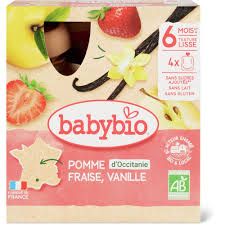 Babybio · Gourdes souples Pomme, fraise et vanille · Bio, à partir de 6 mois  4x90g
