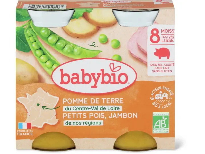 Babybio · Pomme de terre, petits pois et jambon · Bio, à partir de 8 mois  2pcs