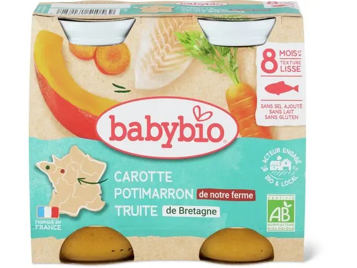 Babybio · Carotte, potimarron et truite · Bio, à partir de 8 mois  2pcs