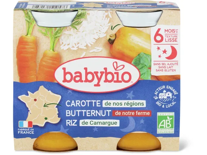 Babybio · Carotte et butternut · Bio, À partir de 6 mois  2pcs