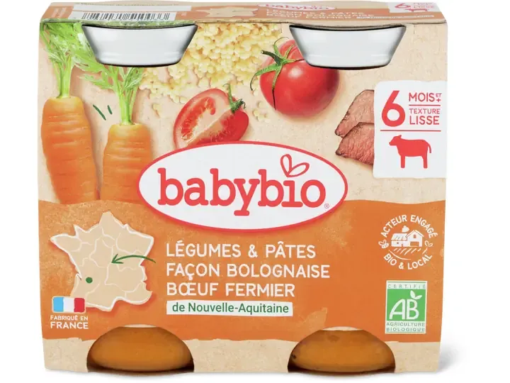 Babybio · Légumes et pâtes façon bolognaise · Bio, à partir de 6 mois 2x200g