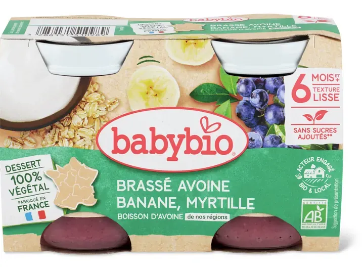 Babybio · Brassée avoine, banane, myrtilles · Bio, à partir de 6 mois, Sans sucre ajouté 2pcs
