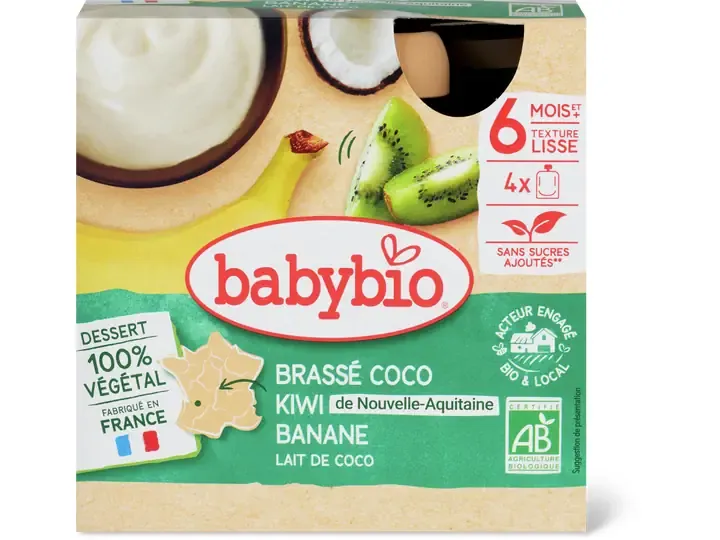 Babybio · Gourdes souples Noix de coco, kiwi et banane · Bio, Emballage multiple, à partir de 6 mois, Sans sucre ajouté 4pcs