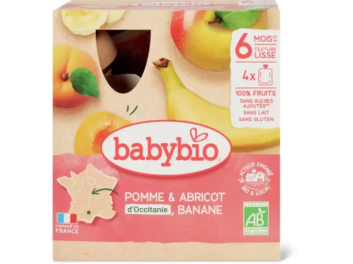 Babybio · Gourdes souples Pomme, abricot et banane · Bio, à partir de 6 mois 4x90g