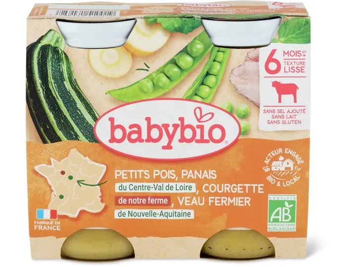 Babybio · Petits pois, panais et veau · Bio, à partir de 6 mois  2pcs