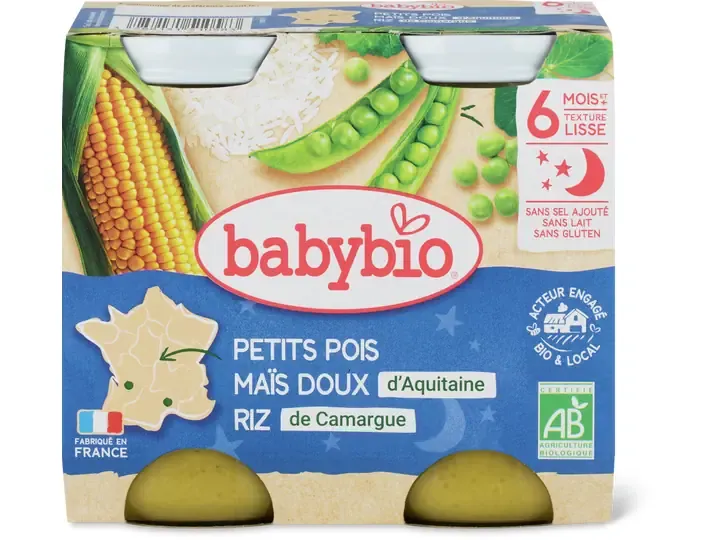 Babybio · Petits pois, maïs doux et riz · Bio, à partir de 6 mois 2pcs