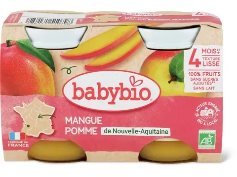 Babybio · Mangue et pomme · Bio, 4 mois et + , Sans sucre ajouté  2pces