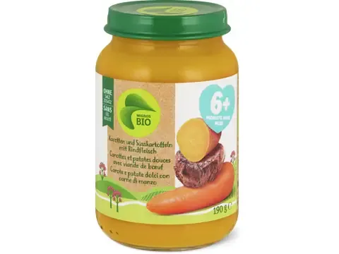 Carottes et patates douces avec viande de bœuf · Bio, dès 6 mois 190g