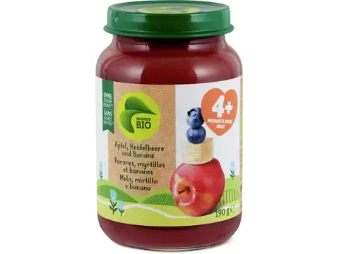 Pommes, myrtilles et bananes · Bio, à partir de 4 mois , Sans sucre ajouté 190g