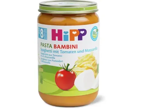 Hipp · Spaghettis aux tomates et à la mozzarella · Bio, après 8 mois  220g