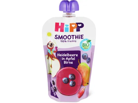 Hipp · Gourde souple myrtille, pomme, poire · Bio, Dès 1 an, Sans sucre ajouté 120ml
