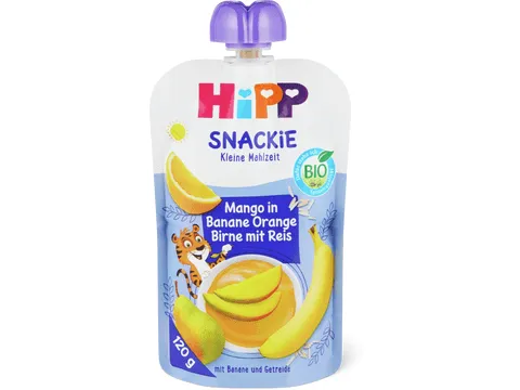 Hipp · Gourde souple Mangue, banane, orange, poire et riz · Bio, à partir de 1 an, Sans sucre ajouté 120g