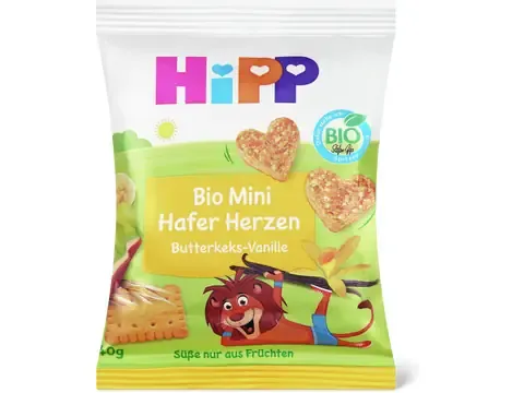 Hipp · Mini biscuits au beurre en forme de cœur à la vanille et à l’avoine · Bio, dès 3 ans 40g