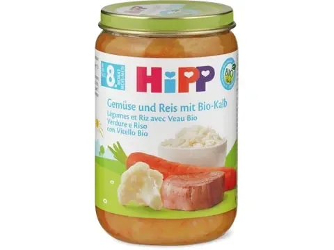 Hipp · Légumes et riz avec veau bio · Bio, Dès le 8e mois 220g