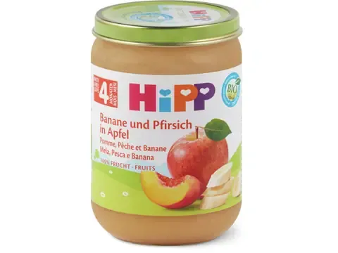 Hipp · Pomme, pêche et banane · Bio, après 4 mois 190g