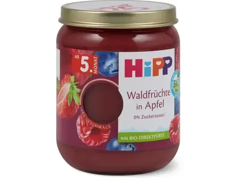 Hipp · Fruits des bois - pomme · Bio, Dès le 5e mois , Sans sucre ajouté 160g