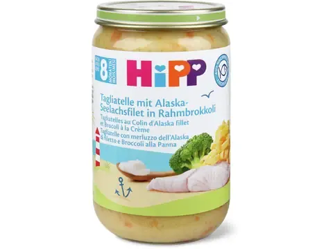 Hipp · Tagliatelles au filet de colin et brocolis à la crème · Bio, après 8 mois 220g