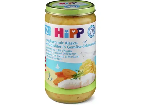 Hipp · Spaghetti au colin d’Alaska et légumes à la crème · Bio, après 12 mois  250 g