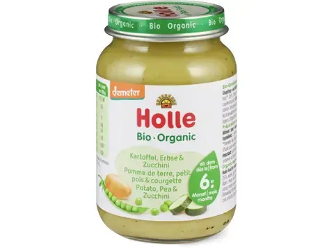 Holle · Pomme de terre, petit pois et courgettes · Bio, Demeter, à partir du 6e mois 190g