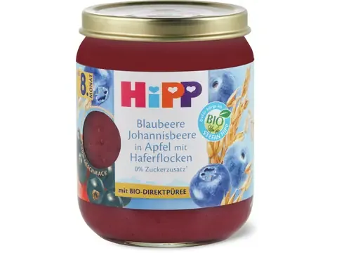 Hipp · Myrtille, groseille à la pomme avec bouillie de flocons d'avoine · Bio, Dès le 8e mois. 160g