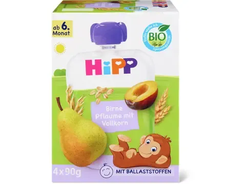 Hipp · Pochettes souples poire, prune et céréales complètes · Bio, à partir du 6e mois 4x90g