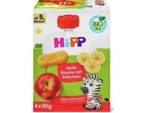 Hipp · Gourde souple pommes-bananes avec biscuit pour bébé · Bio, Dès 1 an, Sans sucre ajouté  4x90g