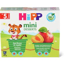 Hipp · Mini desserts abricot dans la pomme · Bio, en pot, 5 mois , Sans sucre ajouté 4pces