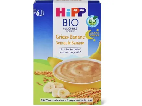 Hipp · Bouillie de semoule à la banane · Bio, Après le 6e mois, Sans sucre ajouté 250g