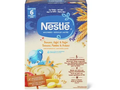 Nestlé · Bouillie lactée Banane, pomme et avoine · après 6 mois, Sans sucre ajouté 450g