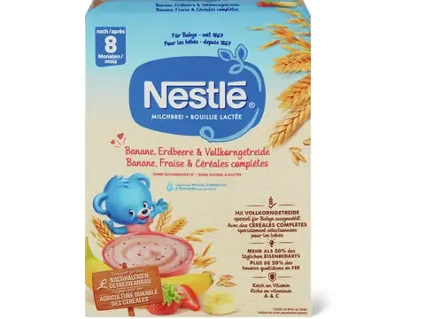 Nestlé · Bouillie lactée Banane, fraise et céréales complètes · après 8 mois, Sans sucre ajouté 450g