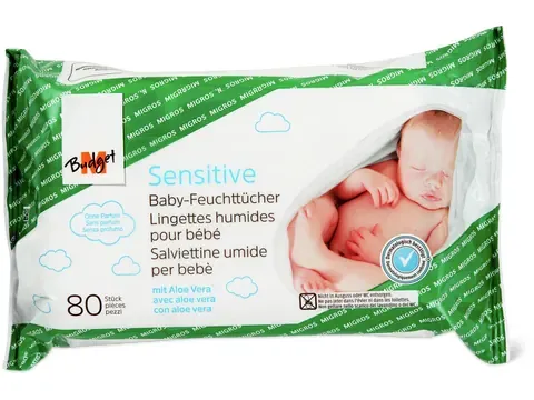 M-Budget Sensitive · Lingettes humides à l’aloe vera · Sans parfum  80pces