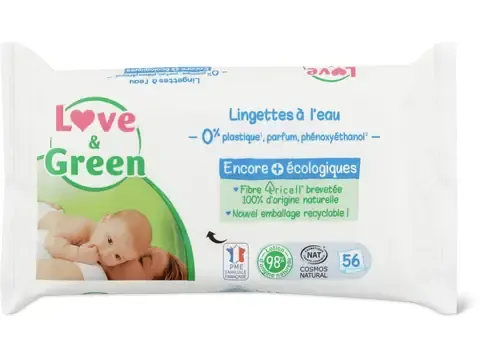 Love &amp; Green · Lingettes à l’eau · 0% de parfum  56pces