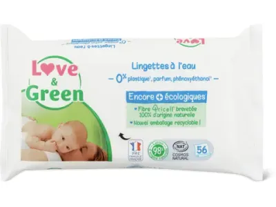 Love &amp; Green · Lingettes à l’eau · 0% de parfum  56pces