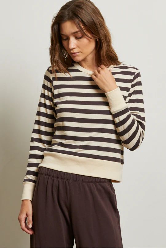 Perfect White Tee, Stef, LUXE RIB L/S CREW NECK, Mocha Stripe