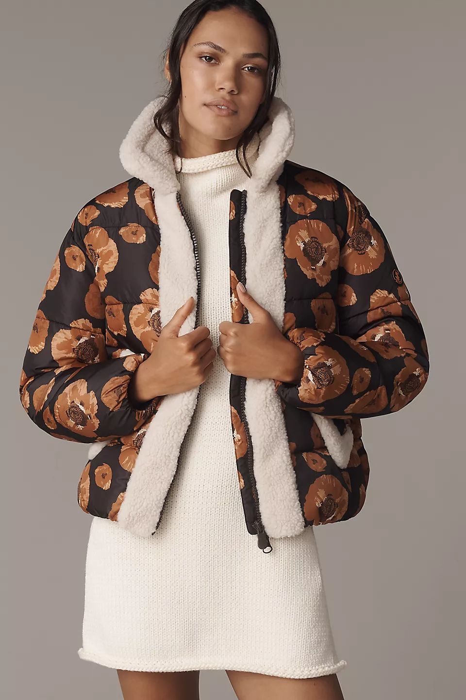 Save the Duck, Faux Shearling Sugar Jacket, Beige/Brown Flowers