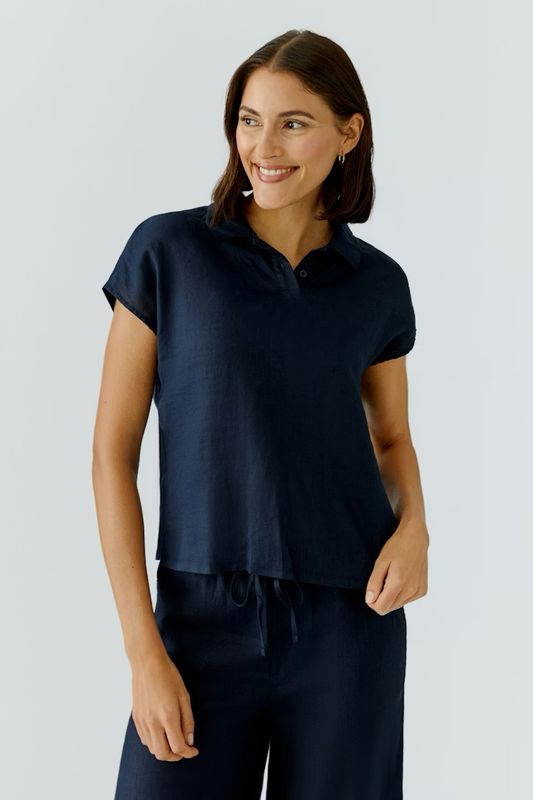 Oui, 97224, Linen Patch Blouse, Dark Blue