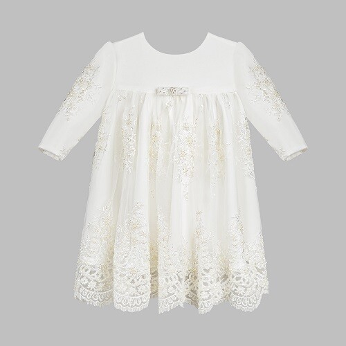 Viktoria Long White English Christening Gown with short sleeve (077)