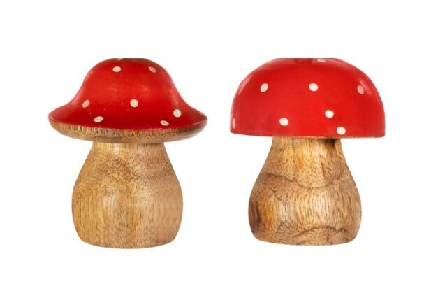 Red & White Wooden Mushroom Standing Decoration Small Assorted