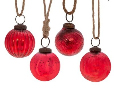 Red Crackle Glass Bauble - Set Of 4