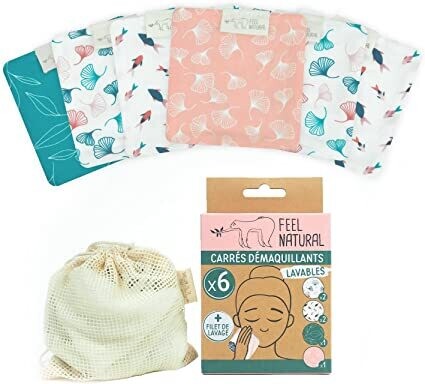 Set of 6 make-up remover pads + Feel Natural washing net