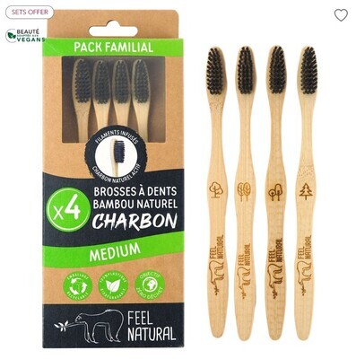 Set of 4 Charcoal Toothbrushes - Medium - Feel Natural