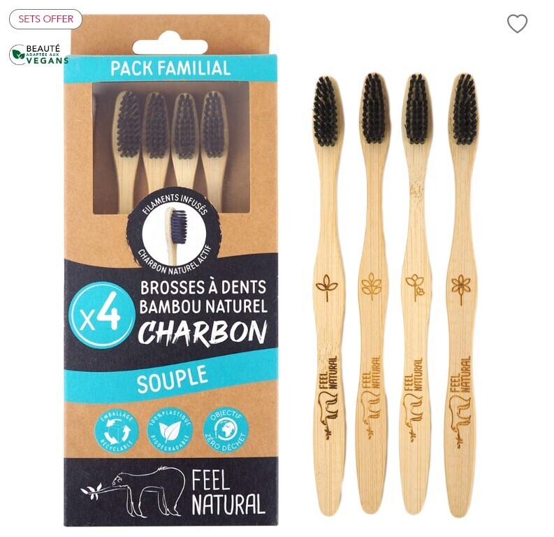 Set of 4 Charcoal toothbrushes - Soft - Feel Natural