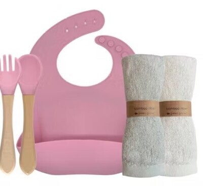 Baby package with Bib, Cutlery Pink and Bamboo Burp Cloth