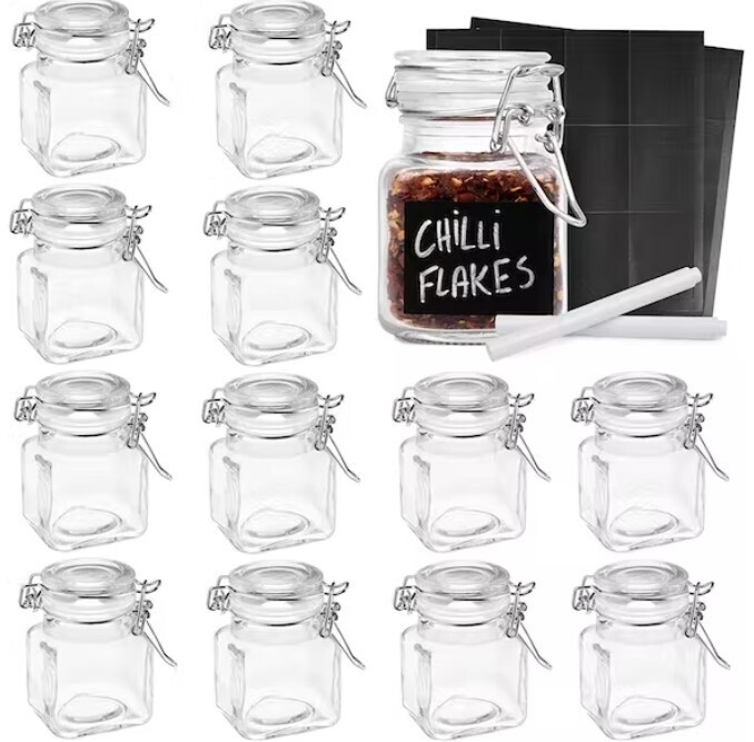 12 Mini Clip Top Spice Jars Glass Canister Containers, 100 ml with Labels and Chalk Pen