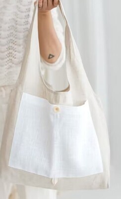 Linen Reusable Shopping Bag Handmade Tote NATURAL LINEN & WHITE