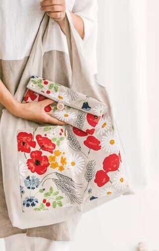 Linen Reusable Shopping Bag • FoldableTote WILDFLOWERS