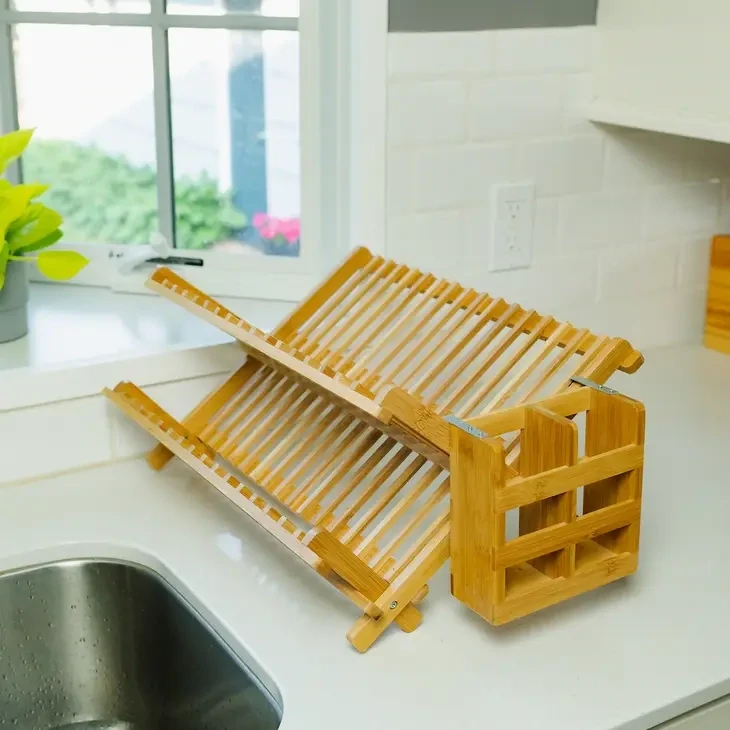 Bamboo Collapsible Drying Rack with Utensil Caddy