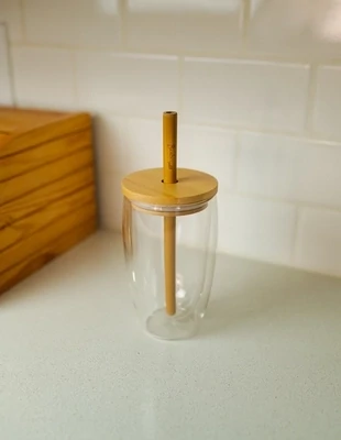 Glass Tumbler with Bamboo Lid + Straw