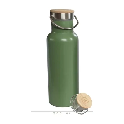 Stainless Steel Thermos Flask with Bamboo Cap | Green