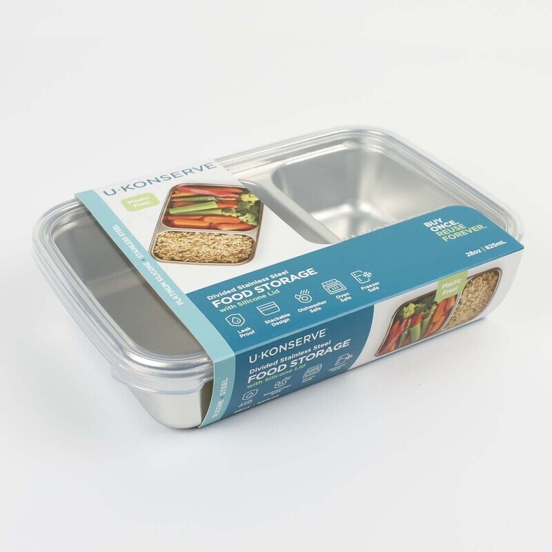 Divided Rectangle Container with Silicone Lid – 28oz Clear